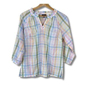 Talbots Women's Rainbow Plaid Blouse Top Ruffle Lightweight Cotton Petite